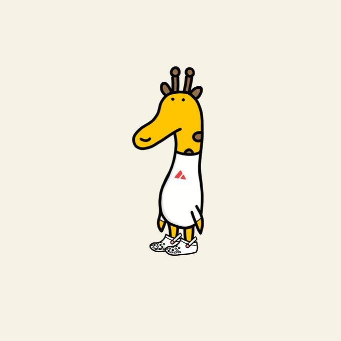 A cartoon giraffe wearing a white shirt with a small red logo, sneakers, and a belt standing on a cream background.