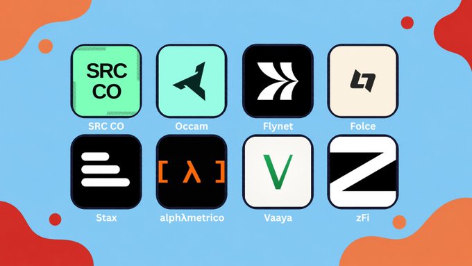 An image displaying eight cryptocurrency/NFT project logos (SRC CO, Occam, Flynet, Folce, Stax, alphΩmetrico, Vaaya, zFi) arranged in a 2x4 grid on a blue background with red and orange accents.