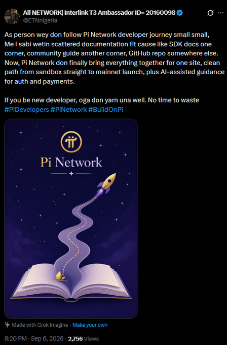 The image is a tweet from "All NETWORK| Interlink T3 Ambassador ID~ 20160098" (@ETNnigeria) discussing Pi Network's developer journey, noting that scattered documentation like SDKs are now being unified into one site with a clean path from sandbox to mainnet, plus AI-assisted guidance. The accompanying graphic shows the Pi Network logo above an open book with a rocket launching from its pages against a starry purple background, symbolizing the streamlined developer launch path described in the post.