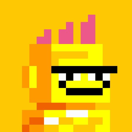 Pixel art illustration of a yellow character with pink hair, black sunglasses, and a grin, set against a yellow background.