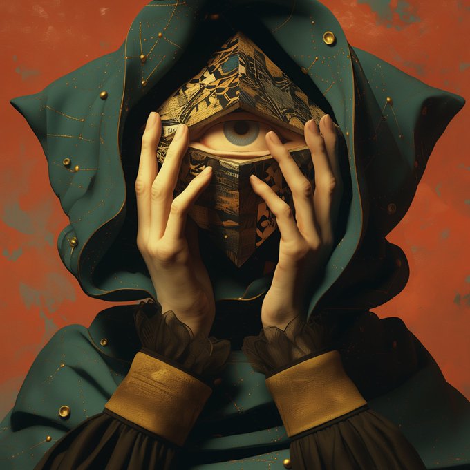 A surreal digital artwork of a hooded figure with hands framing a central eye, wearing an ornate metallic mask, set against a textured red background.