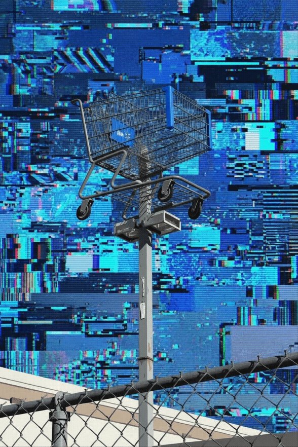 The image features a shopping cart with its wheels removed, standing tall against a blue background that appears to be a digital art piece or an electronic billboard. The shopping cart is positioned near a fence, possibly indicating a boundary or a restricted area. The caption "Gm fam No Shopping @manifoldxyz" suggests the presence of a specific brand or product associated with the shopping cart.