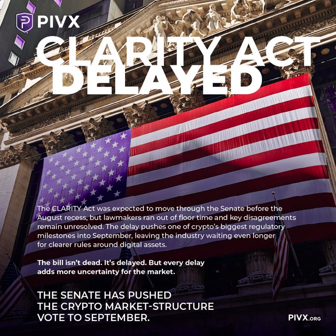 An infographic from PIVX.org titled 'CLARITY ACT DELAYED' explaining that the Senate has pushed the crypto market-structure vote to September, set against a backdrop featuring the American flag.