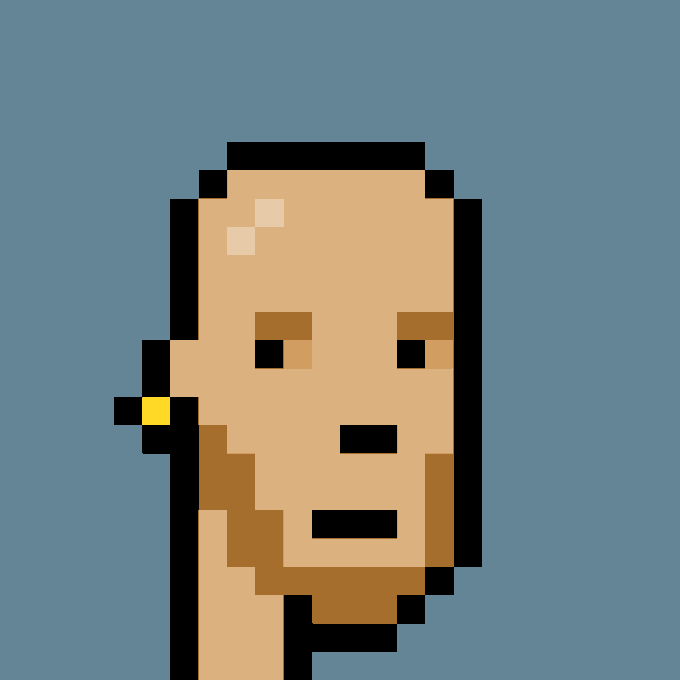 A pixelated portrait of a tan-skinned, bearded man with a gold earring against a blue background, representing CryptoPunk #6562 from the associated post about a 37 ETH purchase.