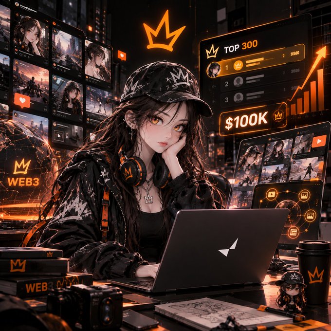 An anime-style illustration of a girl in a black cap and jacket sitting at a laptop with 'WEB3' branding, displaying 'TOP 300' rankings and '$100K' text.