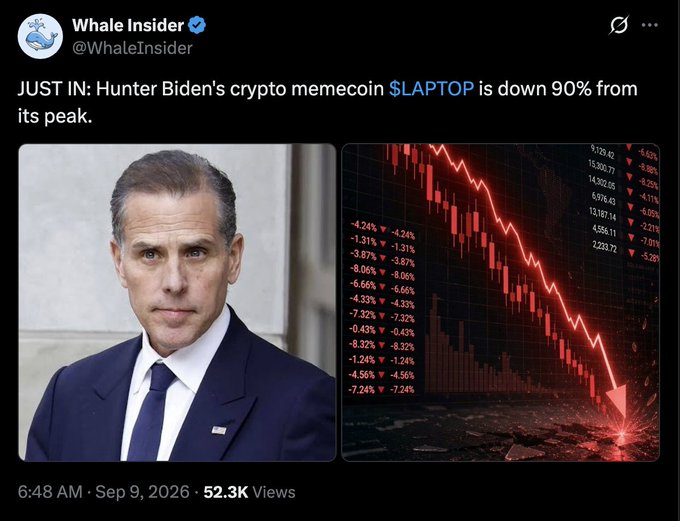A tweet from 'Whale Insider' (@WhaleInsider) reading 'JUST IN: Hunter Biden's crypto memecoin $LAPTOP is down 90% from its peak,' featuring photos of Hunter Biden and a crashing red stock chart.