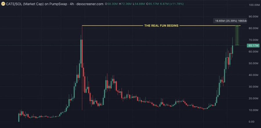 A 4-hour candlestick chart of $CATE/SOL on PumpSwap showing the token's market cap recovering from a ~90% drawdown and now trading at 65.17M (+11.78%), nearly retesting the previous all-time high highlighted by the yellow "THE REAL FUN BEGINS" resistance line at ~85M. The chart visually supports the post's narrative of resilience, showing the sharp crash, extended bottoming/consolidation phase, and recent strong rally back toward ATH.