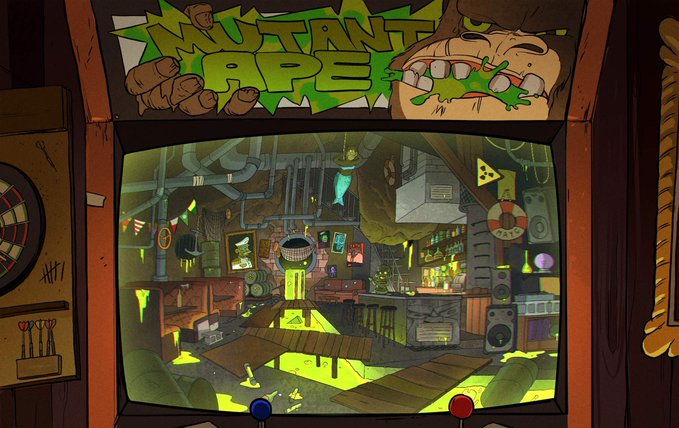A cartoon-style illustration titled "MUTANT APE", showing a cluttered, dimly lit room with green glowing liquid viewed through an arcade cabinet frame, with a monkey character at the top.