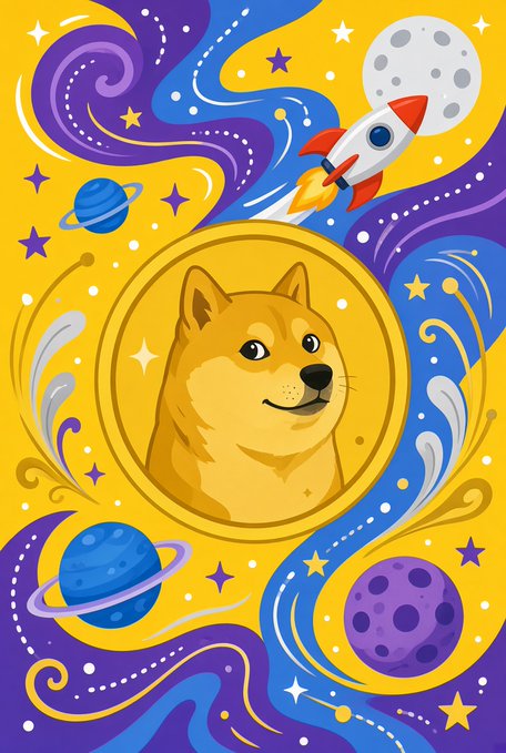 A colorful cartoon-style illustration of a Shiba Inu dog (Doge) inside a gold coin, surrounded by planets, stars, and a rocket ship on a swirling yellow and purple cosmic background.