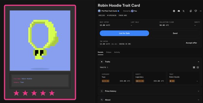 The image shows a 5-star rated NFT listing on OpenSea for a "Robin Hoodie" Trait Card from the Pixel Pals collection, with traits category 1.25%, legendary rarity, and 10 APE as the best offer, directly matching the creator's promotion to mint this NFT to the winner of their contest.