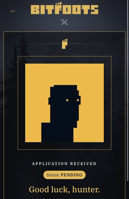 A mobile screenshot of the BITFOOTS application page showing a pixelated silhouette, with text 'APPLICATION RECEIVED', 'Status: PENDING', and 'Good luck, hunter.'