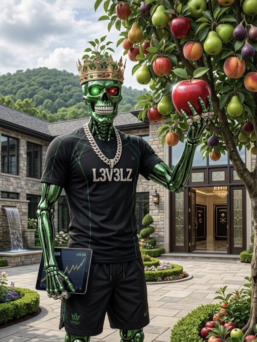 A green skeletal robot wearing a crown, gold chain, and a black t-shirt reading "L3V3LZ" holds a red apple from a fruit tree while standing in front of a luxurious mansion, holding a tablet displaying a stock chart.