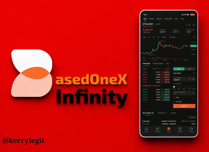 A promotional graphic for BasedOneX Infinity features the platform's orange logo alongside a mobile app screenshot displaying an ETH/USDT perpetual trading chart with a candlestick view and order book, highlighting the platform's AI research capabilities that contributed to a successful ETH trade call.