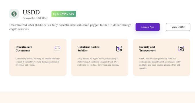 The image features an article about a new digital currency called "USDD" that has been built for use in the TRON Ecosystem. It is designed to maintain a stable peg to the US dollar, as well as provide support for liquidity, payments, and DeFi projects. The text of the image emphasizes the importance of this stablecoin, stating that it plays a key role in supporting these aspects within the ecosystem.