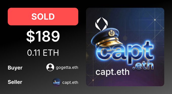 The image displays a "SOLD" notification for the ENS domain "capt.eth," priced at $189 (0.11 ETH), with the buyer listed as gogetta.eth and the seller as capt.eth. The right side features a stylized graphic of "capt.eth" with a captain's hat and Ethereum logo, visually emphasizing the nautical-themed gamertag domain that was sold, matching the details in the post.