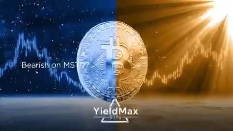 A golden Bitcoin coin is centered against a split background showing a bearish downward chart on the dark blue left side with "Bearish on MST" text, and an upward bullish chart on the bright orange right side, all displayed above a "YieldMax" logo. The visual represents the dual investment strategies for $MSTR volatility, with $MSTY targeting bullish views and $WNTR targeting bearish views to capture weekly income potential.