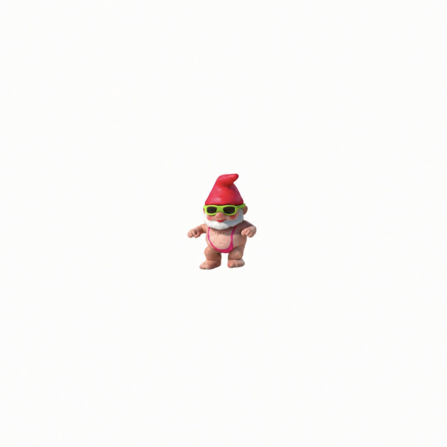A small garden gnome figurine wearing yellow sunglasses and pink underwear stands against a plain white background.