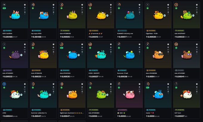 A grid of 21 digital "Axie" creature cards from the blockchain game Axie Infinity displays various colorful, cartoon-like characters with prices in ETH ranging from approximately 0.0032 to 0.0057, inviting users to browse and select the cutest Axie to showcase.