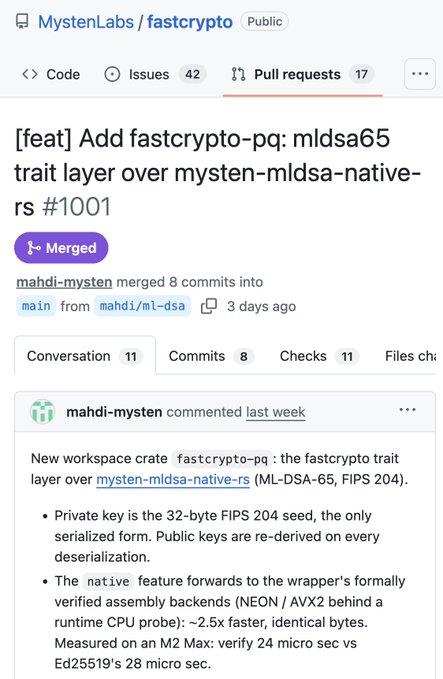 A GitHub pull request from MystenLabs/fastcrypto repository titled '[feat] Add fastcrypto-pq: mldsa65 trait layer over mysten-mldsa-native-rs #1001', which was merged 3 days ago.