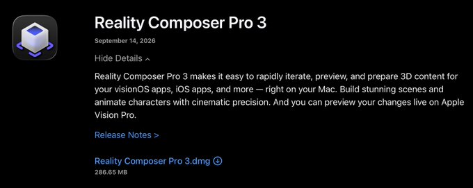 Screenshot of an Apple software listing for "Reality Composer Pro 3" dated September 14, 2026, with a 286.65 MB DMG download available and a description about creating 3D content for visionOS apps.