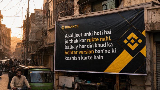 A black billboard with yellow Binance branding displays the text: 'Asal jeet unki hoti hai jo thak kar rukte nahi, balkay har din khud ka behtar version ban'ne ki koshish karte hain' mounted in a busy street scene.