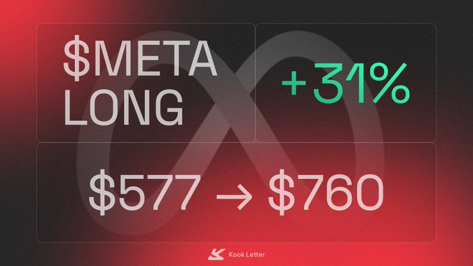 The image is a graphic celebrating a successful $META long trade, displaying the position moving from $577 to $760 for a +31% gain, branded with the "Kook Letter" logo and an infinity symbol. It visually reinforces the post's boast "we cooked on $META" by showcasing the profitable price movement.