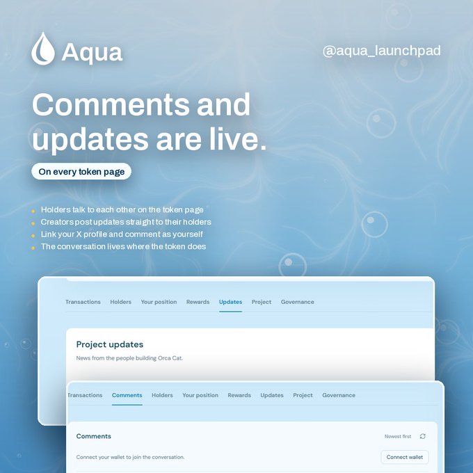 An Aqua Launchpad promotional graphic announcing the launch of new "Comments and updates" features on every token page, with the tagline "On every token page." The image showcases screenshots of the platform's "Updates" and "Comments" tabs, where holders can engage in conversations directly on token pages with creators and other community members.
