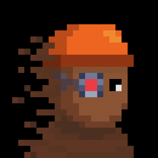 Pixel art style portrait of a character with dark skin, an orange cap, and a distinctive blue and red glowing eye, set against a black background with pixelated trailing effects.