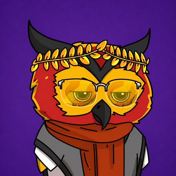 An anthropomorphic owl character with red and yellow plumage, wearing yellow-tinted aviator glasses, a laurel wreath, and a red scarf against a purple background. The illustrated "Ink Owl" mascot visually represents the "Ink Owls" referenced in the post, which promotes joining the @inkonchain whitelist.