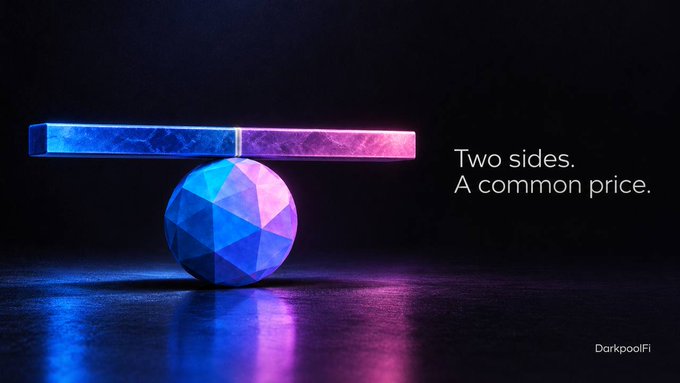 A promotional image for DarkpoolFi showing a balanced bar of blue and purple light resting on a faceted sphere, with the tagline 'Two sides. A common price.'