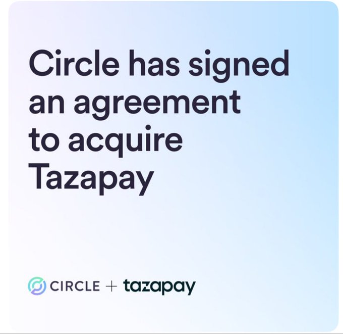 An announcement graphic with a light blue gradient background stating 'Circle has signed an agreement to acquire Tazapay' with the logos 'CIRCLE + tazapay' at the bottom.