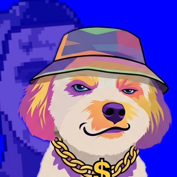 A vibrant popup art-style illustration of a fluffy dog wearing a colorful bucket hat and a chunky gold chain with a dollar sign pendant, set against a blue pixelated Bitcoin backdrop. The image ties into the "333 Vibe Club" NFT collection promotion, with the gold "$" chain symbolizing the crypto-economic theme and the stylish dog character representing the club's mascot vibe.
