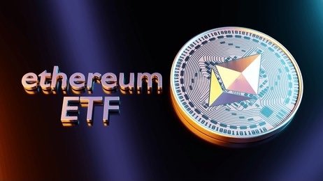 The image features a 3D-rendered Ethereum coin alongside the text "ethereum ETF" against a dark, illuminated background. This visually represents the post's discussion of the Ethereum Spot ETF attracting $49.6 million in net inflows, connecting the iconic cryptocurrency branding to the ETF investment narrative.