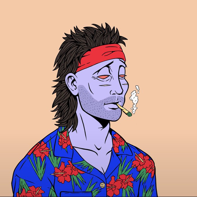 An illustration of a man with purple skin, wearing a red headband and a blue Hawaiian shirt with red flowers, smoking a joint with his eyes half-closed.
