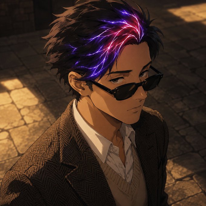 An anime-style illustration of a man wearing sunglasses and a tweed blazer over a white shirt and sweater vest, featuring dark hair with glowing pink and blue energy streaks.