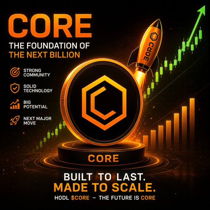 A promotional graphic for a cryptocurrency called 'CORE' featuring a large coin with the 'C' logo, a rocket ship, stock chart, and text including 'THE FOUNDATION OF THE NEXT BILLION', 'STRONG COMMUNITY', 'SOLID TECHNOLOGY', 'BIG POTENTIAL', 'NEXT MAJOR MOVE', and 'HODL $CORE — THE FUTURE IS CORE'.