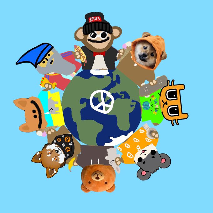 A cartoon illustration featuring various animal characters, including a sock monkey with a "PUPS" beanie, arranged in a circle around a globe with a peace sign.
