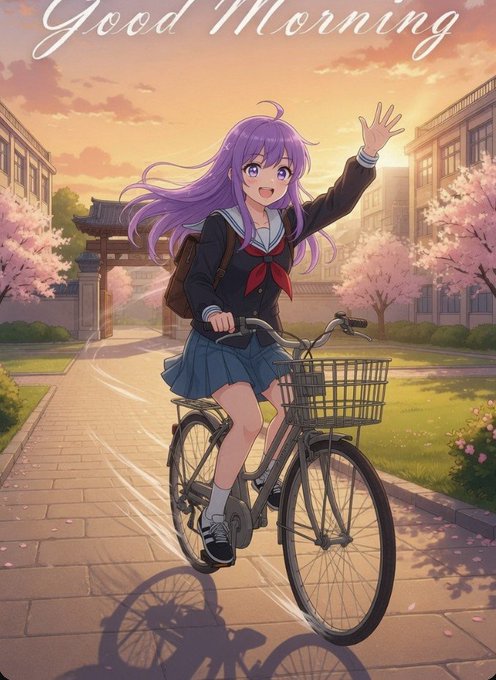 An anime-style illustration with 'Good Morning' text at the top, showing a purple-haired girl in a school uniform riding a bicycle down a path lined with cherry blossoms, waving cheerfully at the viewer.