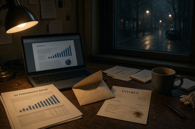 A dimly lit desk at night by a rainy window features a laptop showing charts, an envelope, an invoice, a coffee mug, and a 'Q4 PERFORMANCE REPORT' document with bar graphs.