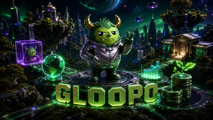 A vibrant digital artwork featuring a green horned cartoon character in a leather jacket standing on a platform with the text "GLOOOPO" in glowing letters, set against a sci-fi fantasy landscape.