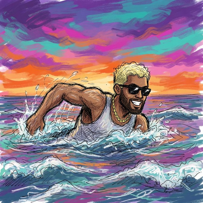 A vibrant illustrated scene of a muscular blonde man in sunglasses and a white tank top swimming powerfully through ocean waves under a vivid sunset sky, embodying the "sink or swim" sentiment tied to Solana. The energetic, colorful artwork reinforces the post's theme of perseverance and resilience in the crypto market.