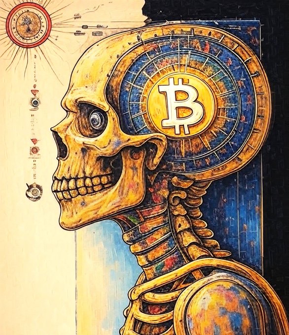 A golden skull with a Bitcoin logo embedded in its brain stares ahead in a surrealist painting, symbolizing how cryptocurrency consumes one's thoughts. The prominent "₿" symbol replaces the mind's contents, reinforcing the post's joke about Bitcoin obsession outweighing basic human needs.