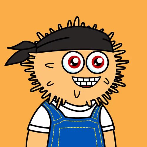 A cartoon character with a wild beard, wide red eyes, and a black bandana wears a white shirt under blue overalls against an orange background.