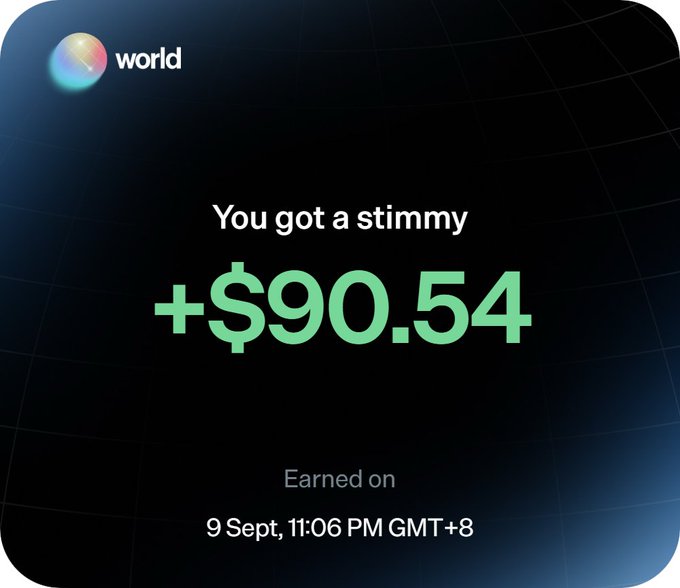 A Worldcoin "stimmy" notification displaying a reward of +$90.54 earned on 9 Sept at 11:06 PM GMT+8, shown alongside instructions for using a referral link to sign up via a Solana wallet and complete a trade on the World platform to receive the earnings.