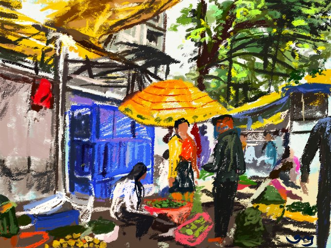 A colorful pastel-style painting depicting a bustling market scene under a bright yellow umbrella, with figures selling produce in front of a blue storefront.