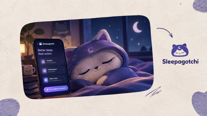 A promotional graphic for 'Sleepagotchi' featuring an illustration of a sleeping cat character in a nightcap next to a smartphone displaying a sleep-tracking app interface with options like 'Analyze' and 'Understand'.