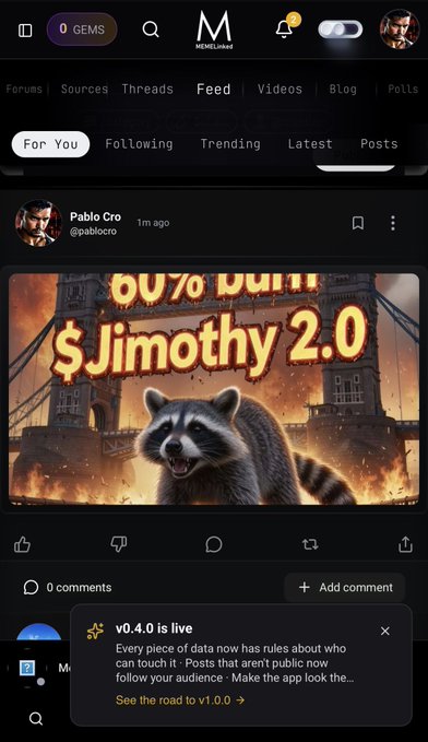 Mobile app screenshot of MEEMELord showing a post by Pablo Cro (@pablocro) titled '$Jimothy 2.0' featuring a raccoon, with a v0.4.0 update notification about data visibility rules.
