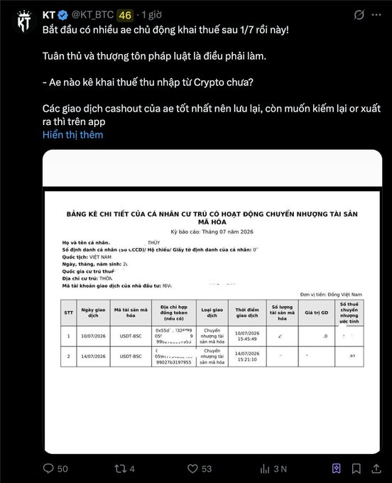 A screenshot of a Twitter/X post by KT (@KT_BTC) written in Vietnamese, advising crypto community members about upcoming tax declarations due after July 1st, including an attached detailed tax declaration table.