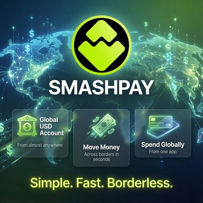 Promotional graphic for Smashpay featuring its logo and features: 'Global USD Account From almost anywhere', 'Move Money Across borders in seconds', and 'Spend Globally From one app', with the tagline 'Simple. Fast. Borderless.' over a world map background.