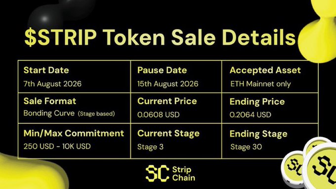 A black and yellow infographic detailing "$STRIP Token Sale" information, including dates (August 7-15, 2026), bonding curve sale format, price range (0.0608-0.2064 USD), and commitment limits.
